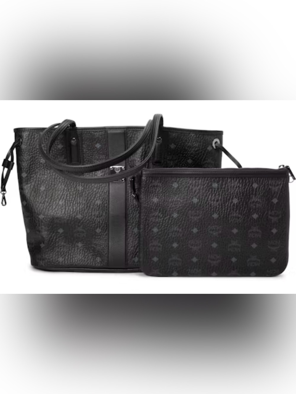 MCM Black Textured Logo Tote with Center Plaque
